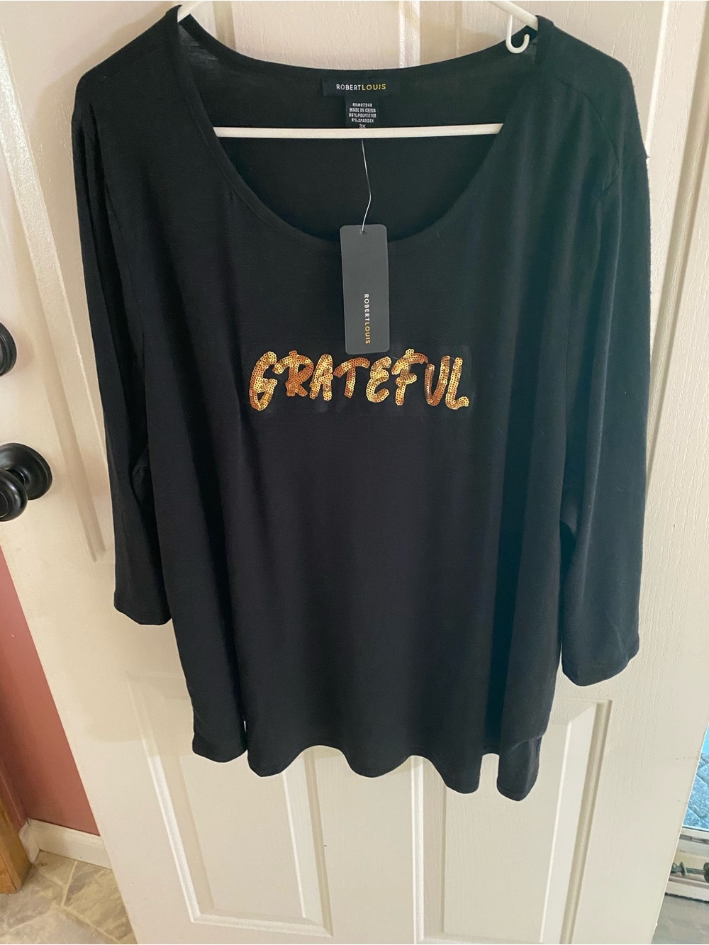 Robert Louis Black Long Sleeve Top with Gold Sequin "GRATEFUL" Script